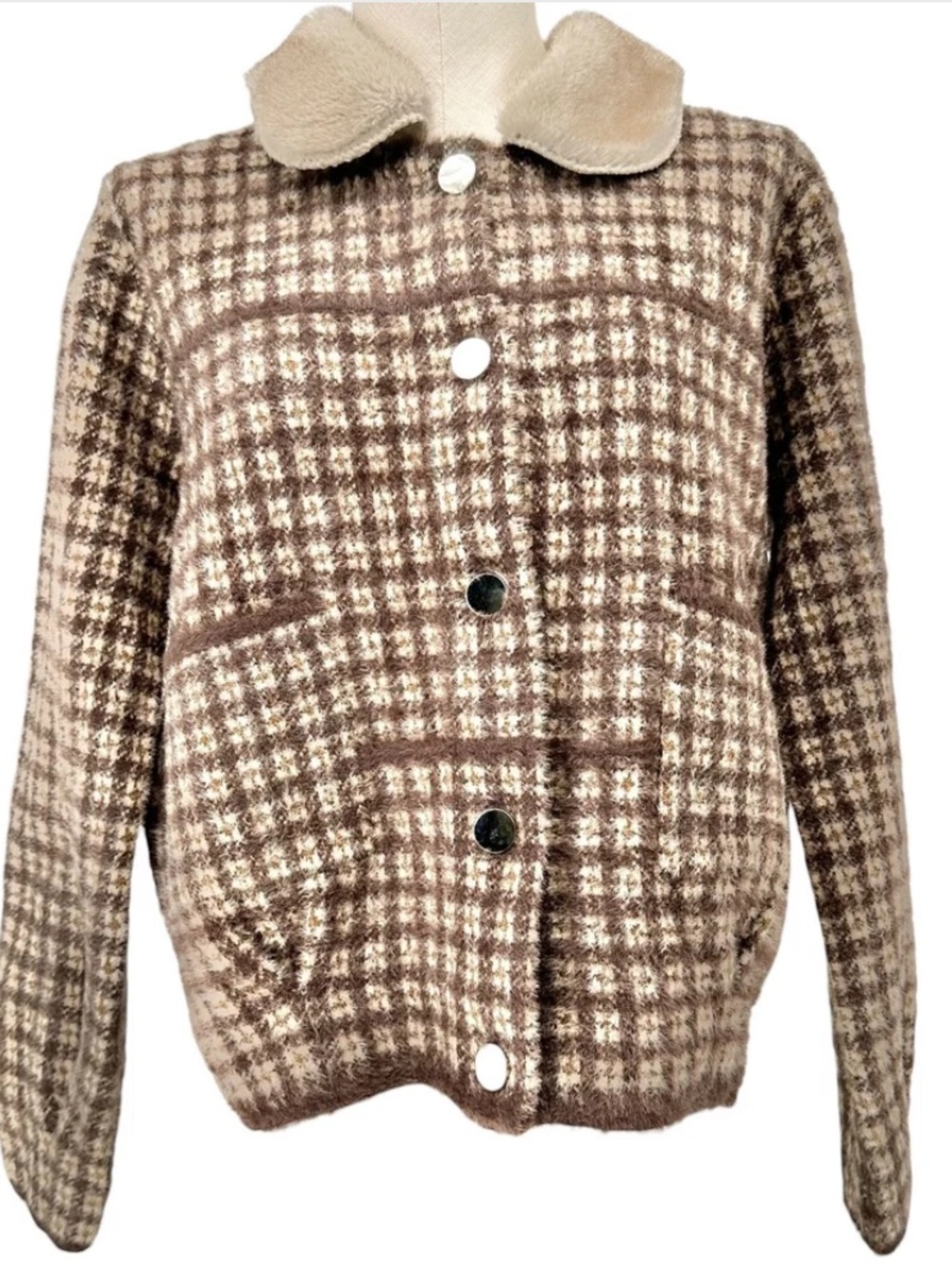 CYRUS Cozy Plaid Button-Up Sweater in Brown & Cream